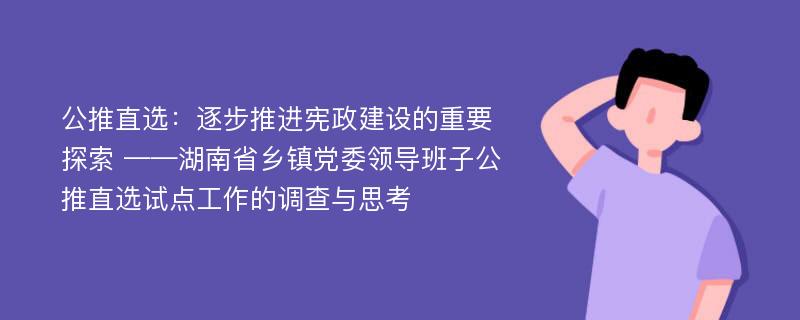 公推直选：逐步推进宪政建设的重要探索 ——湖南省乡镇党委领导班子公推直选试点工作的调查与思考