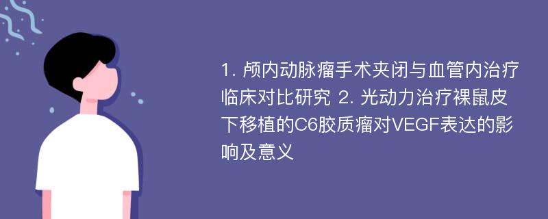 1. 颅内动脉瘤手术夹闭与血管内治疗临床对比研究 2. 光动力治疗裸鼠皮下移植的C6胶质瘤对VEGF表达的影响及意义