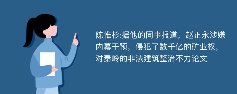 陈惟杉:据他的同事报道，赵正永涉嫌内幕干预，侵犯了数千亿的矿业权，对秦岭的非法建筑整治不力论文