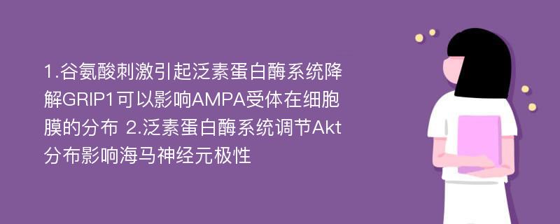 1.谷氨酸刺激引起泛素蛋白酶系统降解GRIP1可以影响AMPA受体在细胞膜的分布 2.泛素蛋白酶系统调节Akt分布影响海马神经元极性