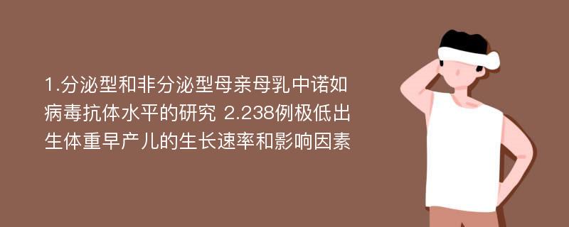 1.分泌型和非分泌型母亲母乳中诺如病毒抗体水平的研究 2.238例极低出生体重早产儿的生长速率和影响因素