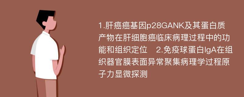 1.肝癌癌基因p28GANK及其蛋白质产物在肝细胞癌临床病理过程中的功能和组织定位　2.免疫球蛋白IgA在组织器官膜表面异常聚集病理学过程原子力显微探测